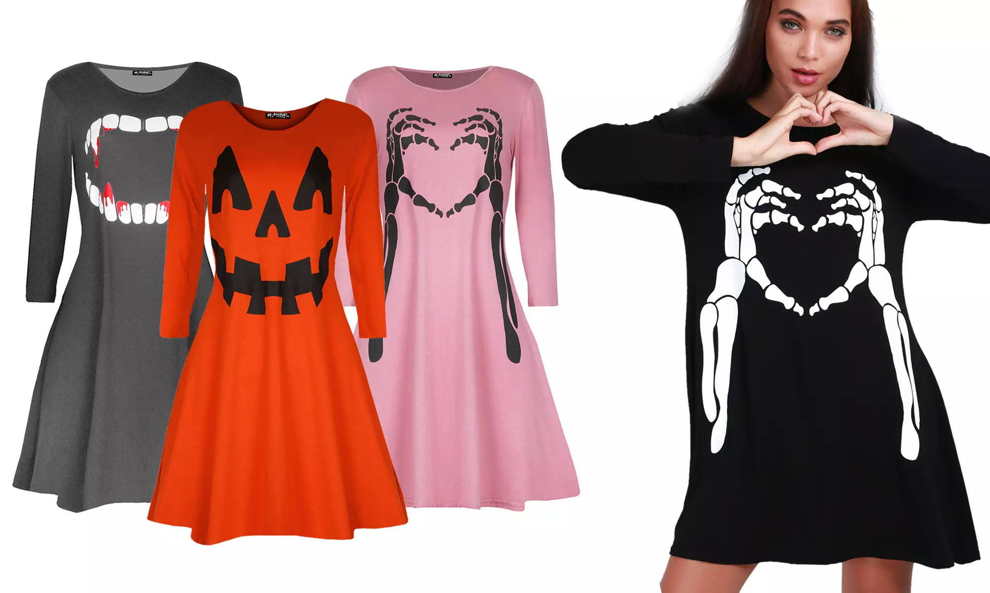 Vestito mini da donna con stampa per Halloween disponibile in 5 taglie, vari colori e 5 fantasie - Primary Image