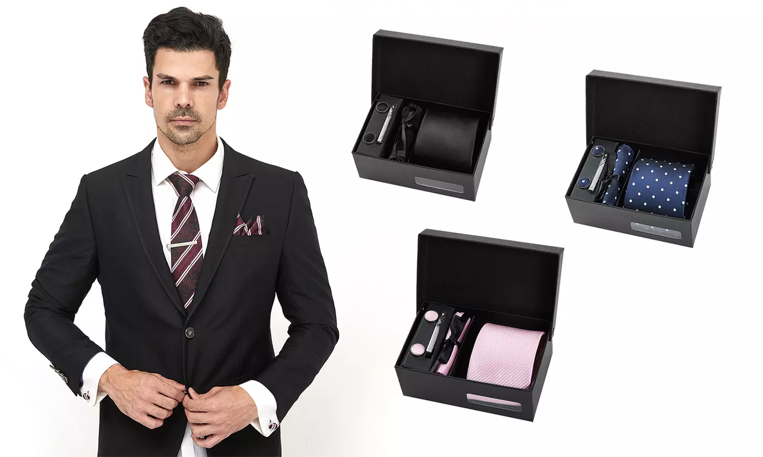 Coffret cravate avec boutons de manchettes, pochette et pince cravate - Primary Image