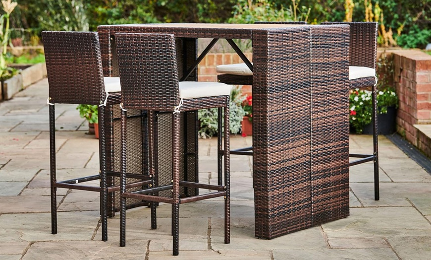 Image 2: Rattan-Effect Five-Piece Bar Height Dining Set with Wooden Tabletop