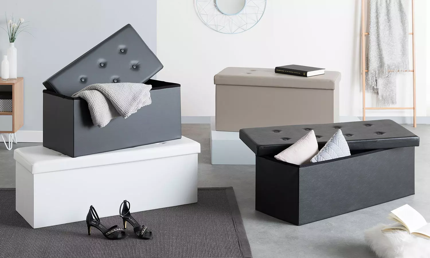 Banc coffre de rangement capitonné en similicuir et pliable - Primary Image