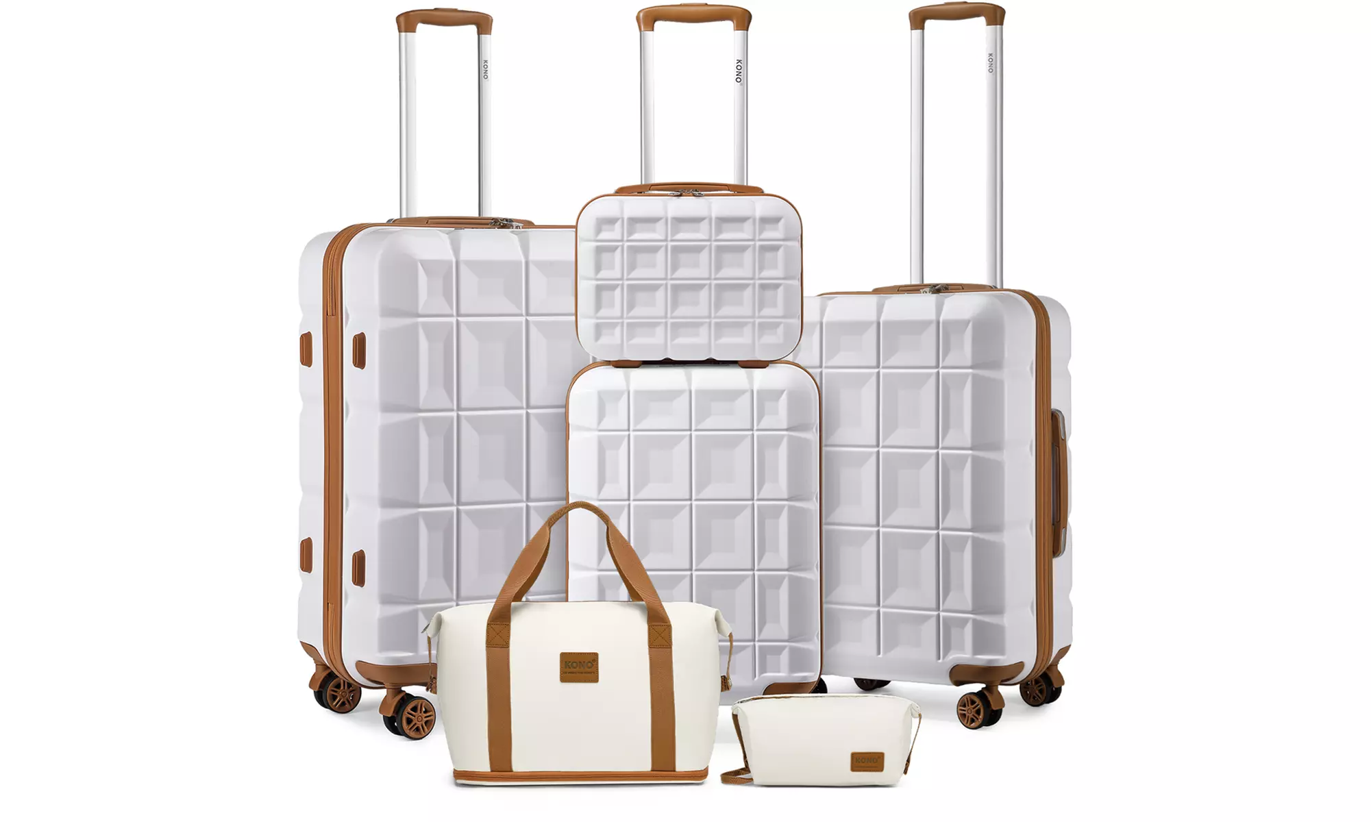 KONO 1 oder 4 Hartschalenkoffer mit Reisetasche und Kulturbeutel in Weiß/Braun - Primary Image