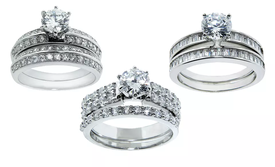 2-Piece Sterling Silver and Cubic Zirconia Wedding-Ring Sets. Multiple Styles Available. Free Returns. - Primary Image