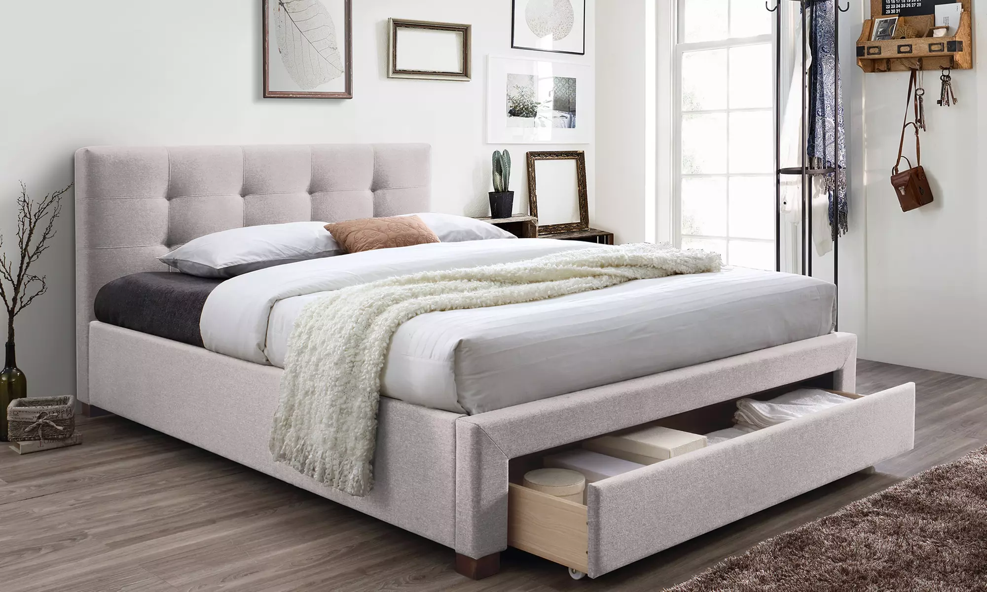 Brandy Fabric Upholstered King-size Storage Platform Bed - Primary Image