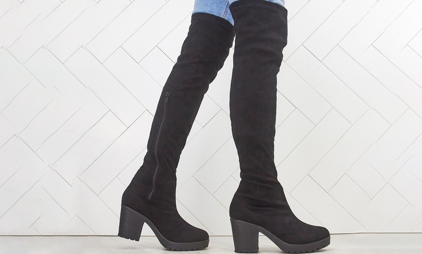 Image 1: Over-the-Knee Block Heel Boots