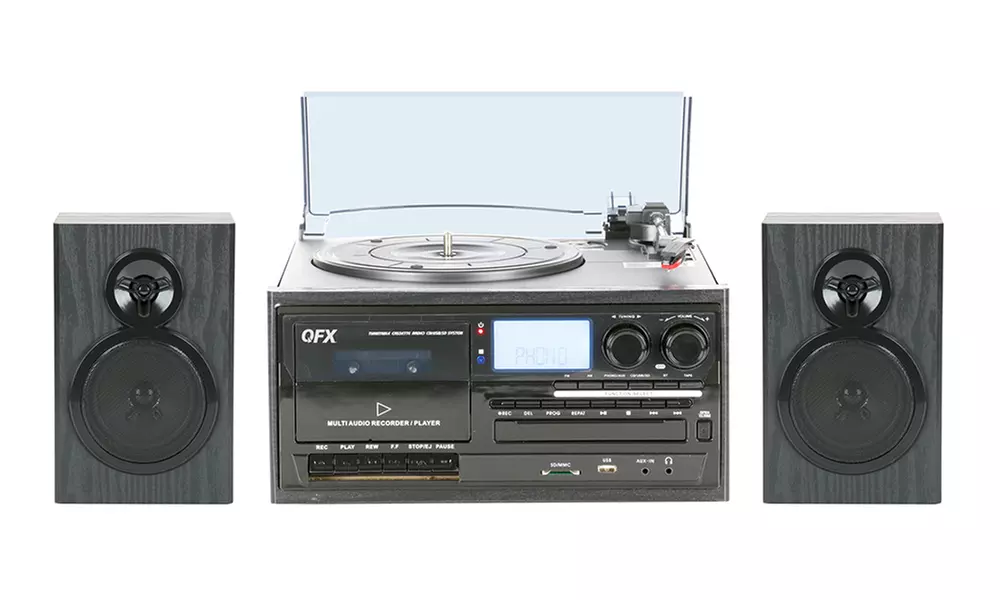 QFX Multi-Functional Bluetooth Turntable System with CD Player, Cassette Deck, AM/FM Radio, and 2 Satellite Speakers - Primary Image