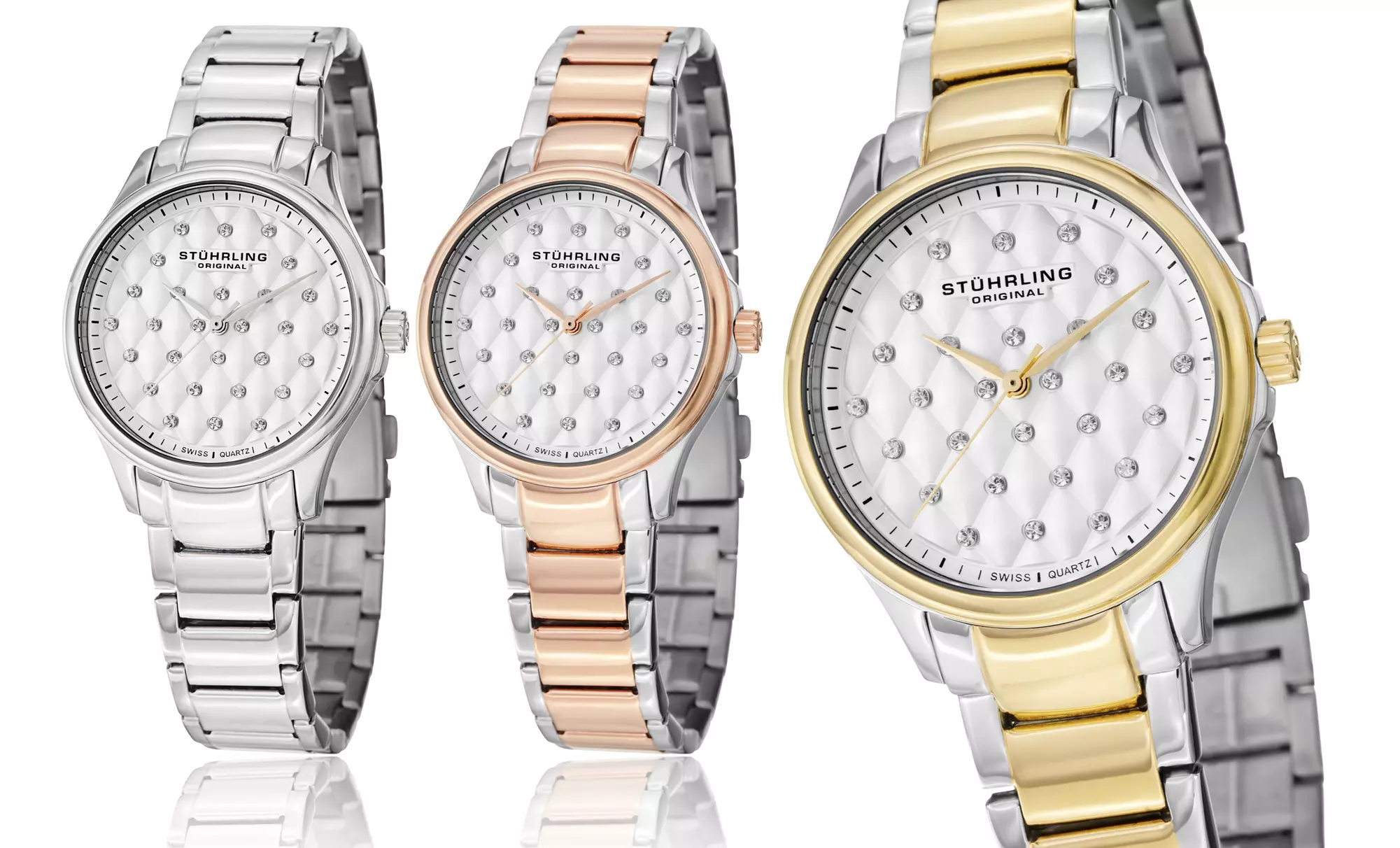 Stührling Original Ladies' Quilted Dial Watch with Swarovski Crystals; Gold, Rose Gold, or Silver Finish. Free Returns. - Primary Image