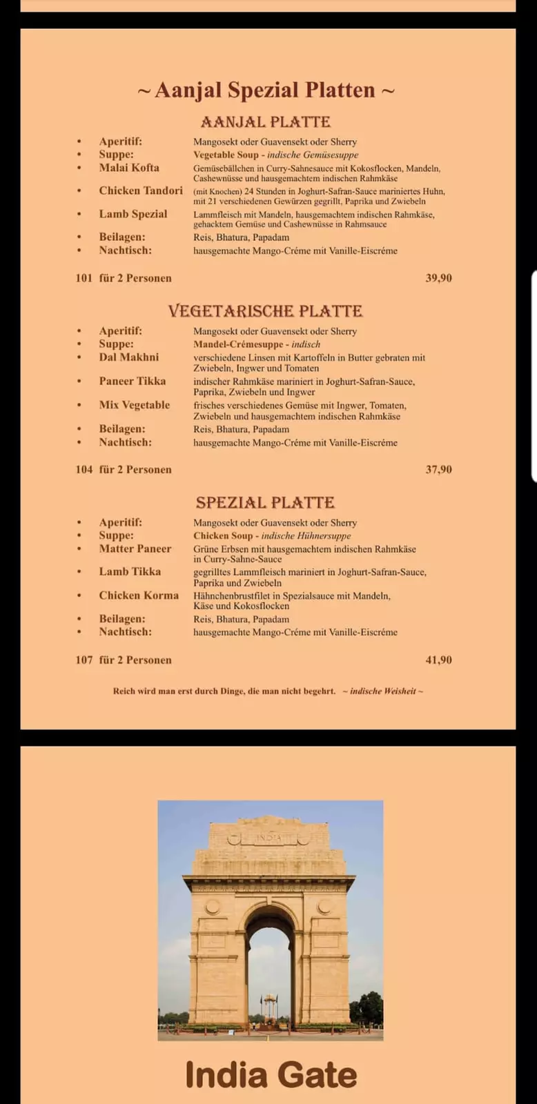 Indisches 3-Gänge-Menü + Aperitif