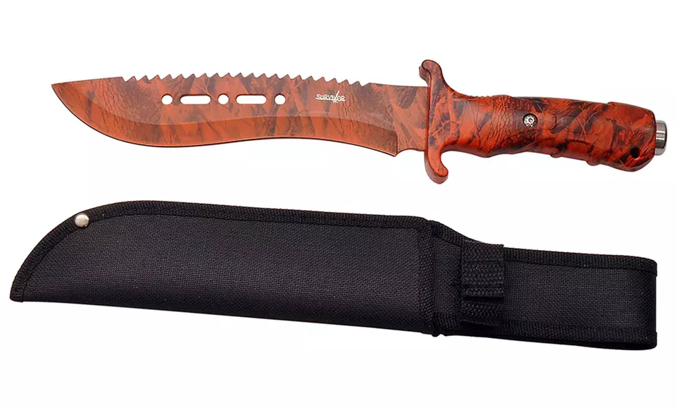 Outdoor Fixed-Blade Reverse Serrated Knife in Black or Orange Camo. Free Returns. - Second Medium