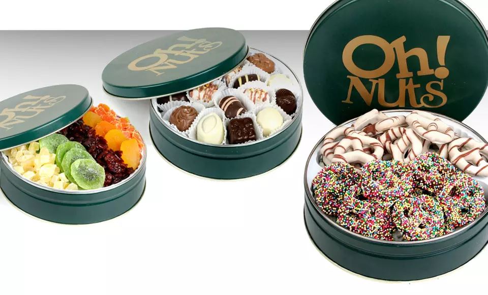 Oh! Nuts Holiday Gift Tins. Multiple Tins Available from $18.99–$21.99. - Primary Image
