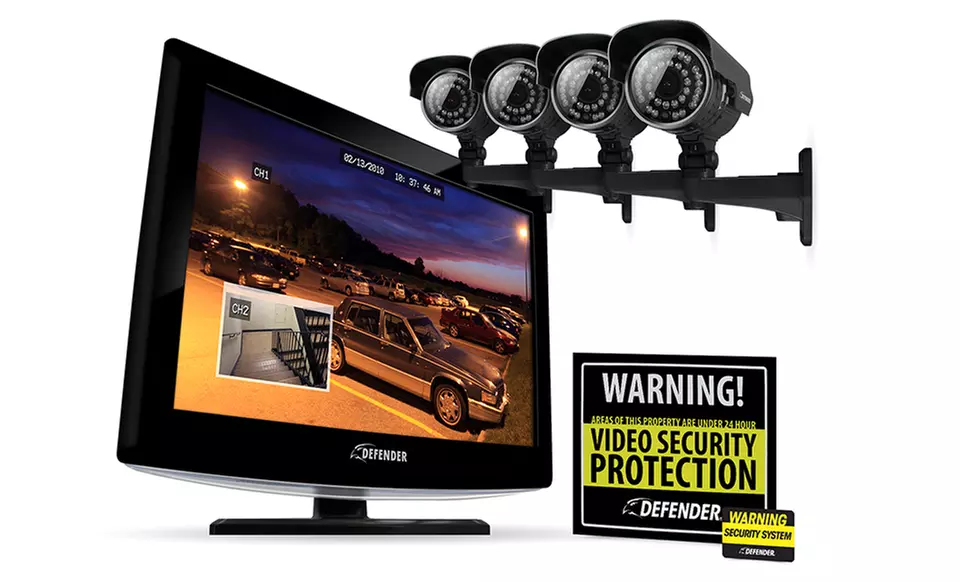Defender Four-Camera Security System with 19" LCD Display and Built-In DVR (21342). Free Returns. - Primary Image