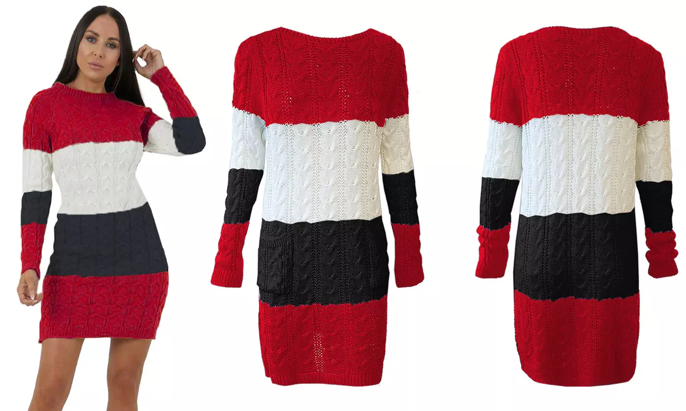 Block Striped Cable Knit Pocket Jumper Dress