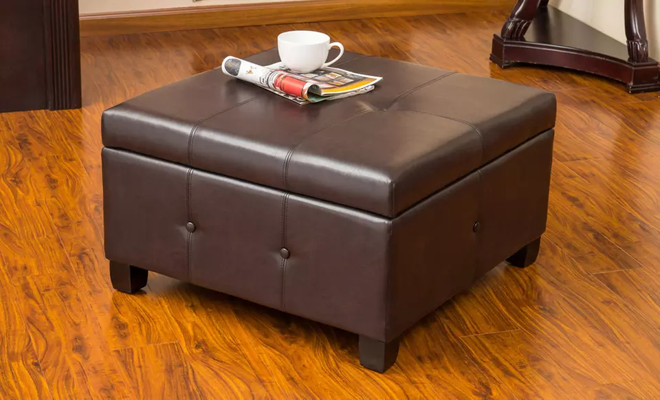 Tufted Bonded Leather Storage Ottoman. Free Returns. - Primary Image