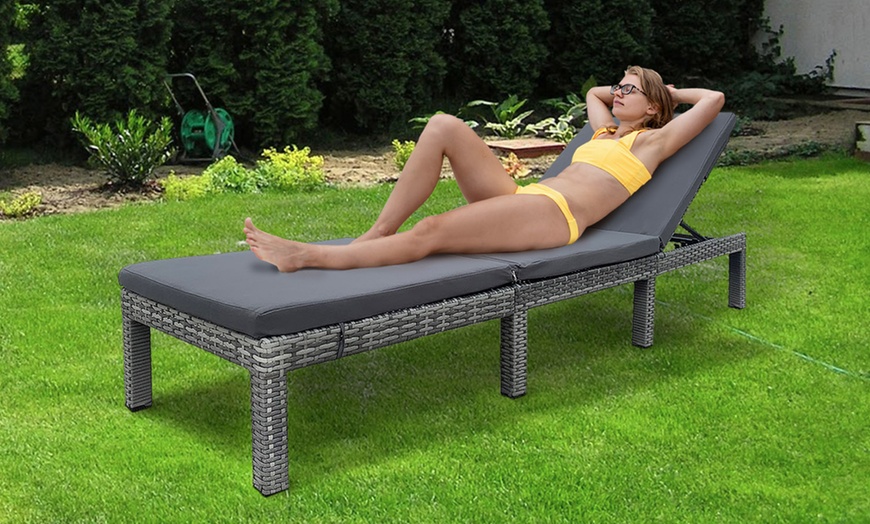 Image 3: Rattan Effect Sun Lounger with Cushions