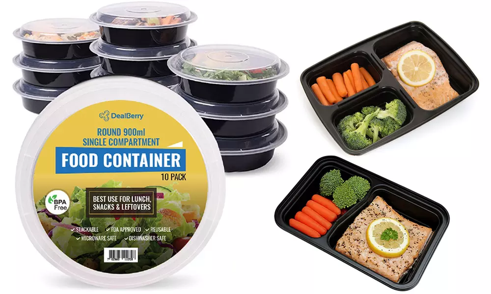 Ten Pack of Round or Square Reusable Plastic Food Containers - Primary Image