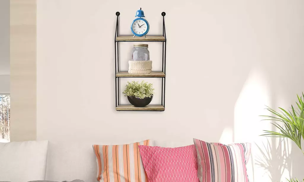 Geometric 3-Tier Mounted Floating Wire and Wood Wall Storage Shelf - Second Medium