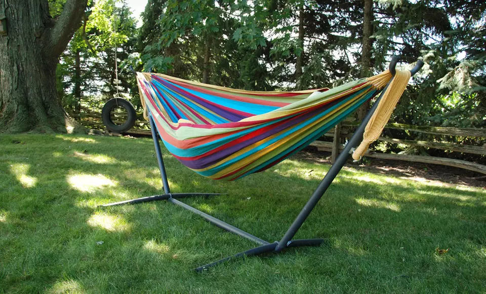 $99.99 for a Vivere Double Tropical Hammock with Stand ($159.97 List Price). Free Shipping and Returns. - Primary Image