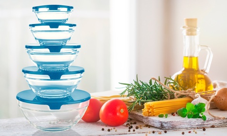 1 o 2 set di 5 contenitori in vetro con 5 coperchi