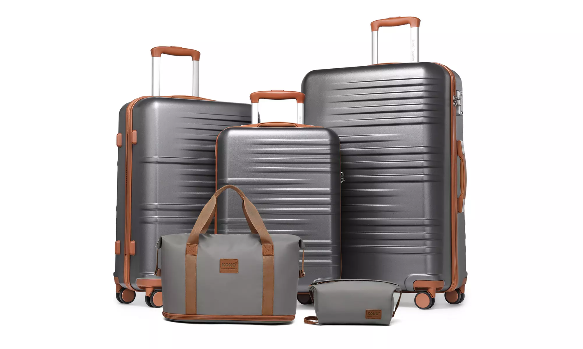 1x oder 3x KONO Hartschalen-Koffer mit Reisetasche und Kulturbeutel in Gra/Braun in der Größe nach Wahl - Primary Image