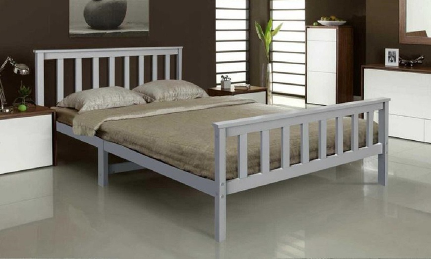 Image 1: Grey Solid Pine Wood Bed Frame