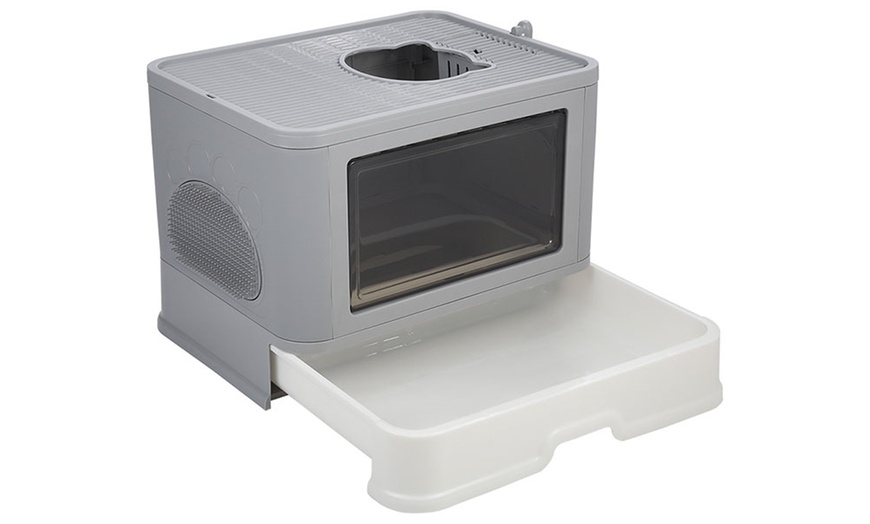 Image 3: Plastic Enclosed Folding Cat Litter Box with Scoop