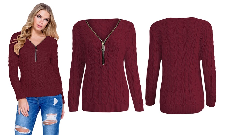 Image 8: Women's V-Neck Zip Front Cable Knit Jumper