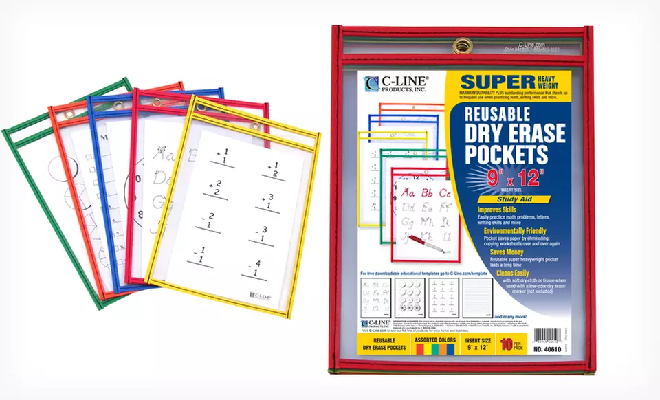Set of 10 Small or Large C-Line Reusable Dry Erase Worksheet pouches. (53% off) Free Returns - Primary Image