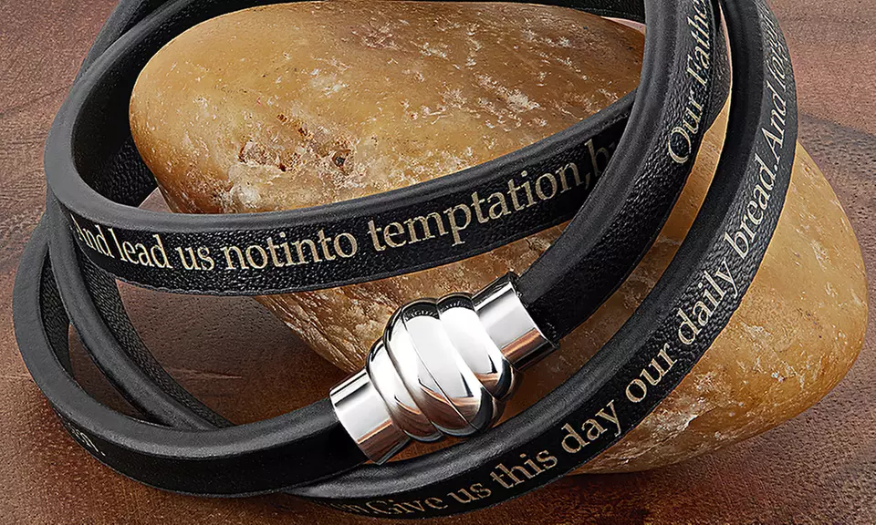 Leather Cross Bracelet With Lords Prayer Inscription - Adjustable Black Rope Style