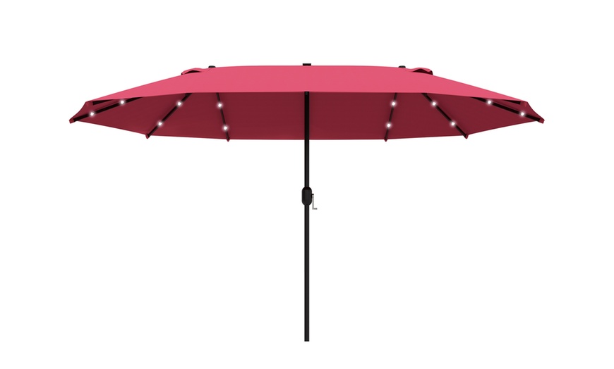 Image 3: Outsunny Double-Sided Parasol, Wine Red with Solar LED Lights