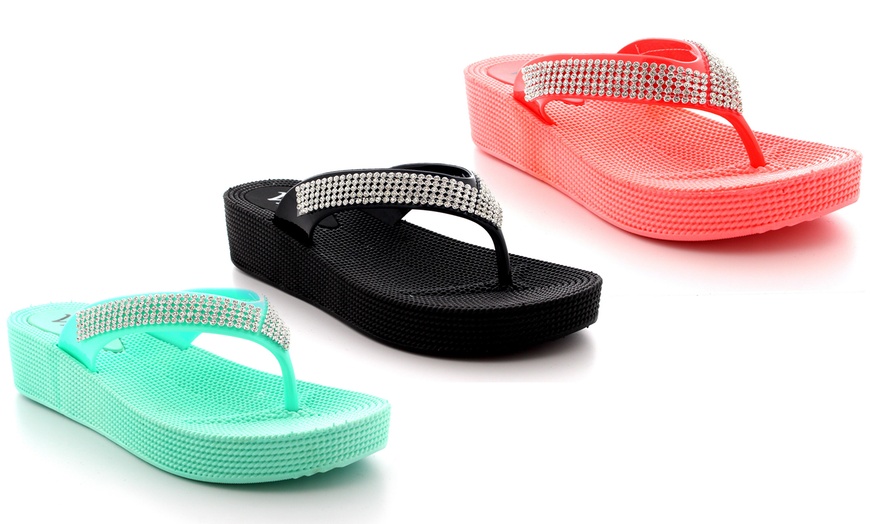 Image 1: Diamante Wedge Flip Flops