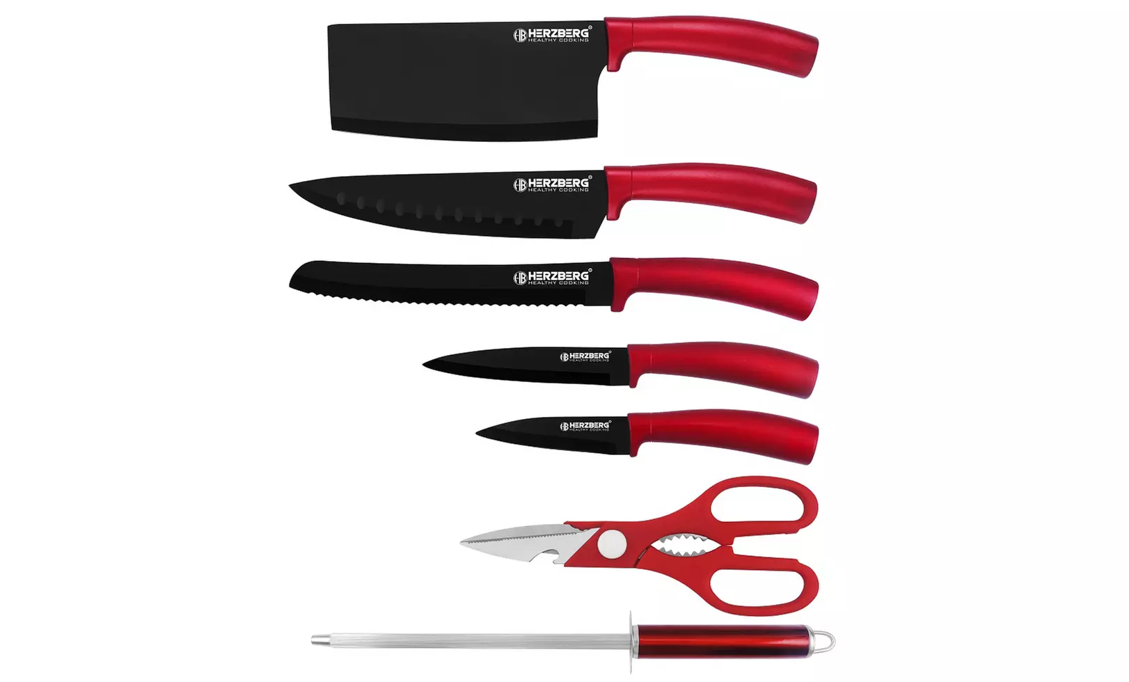 Ensemble 8 pièces avec couteaux, aiguiseur, ciseaux et support
