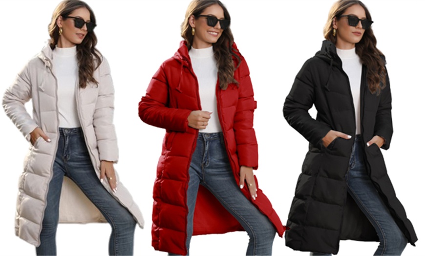 Image 1: Women's Hooded Mid Length Slim Fit Padded Coat