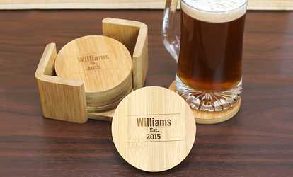 image for Personalized Bamboo Coasters with Holder (6-Set)