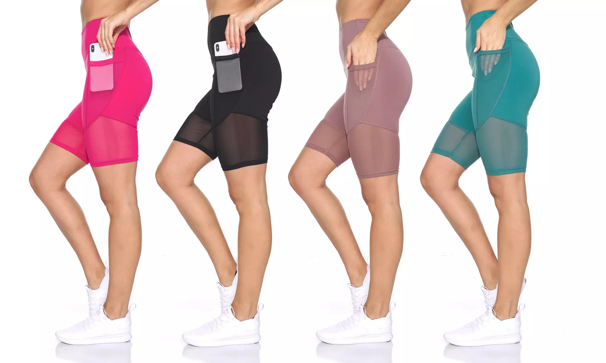 BSP Women's High Waist Biker Shorts with Mesh Details and Pockets - Primary Image