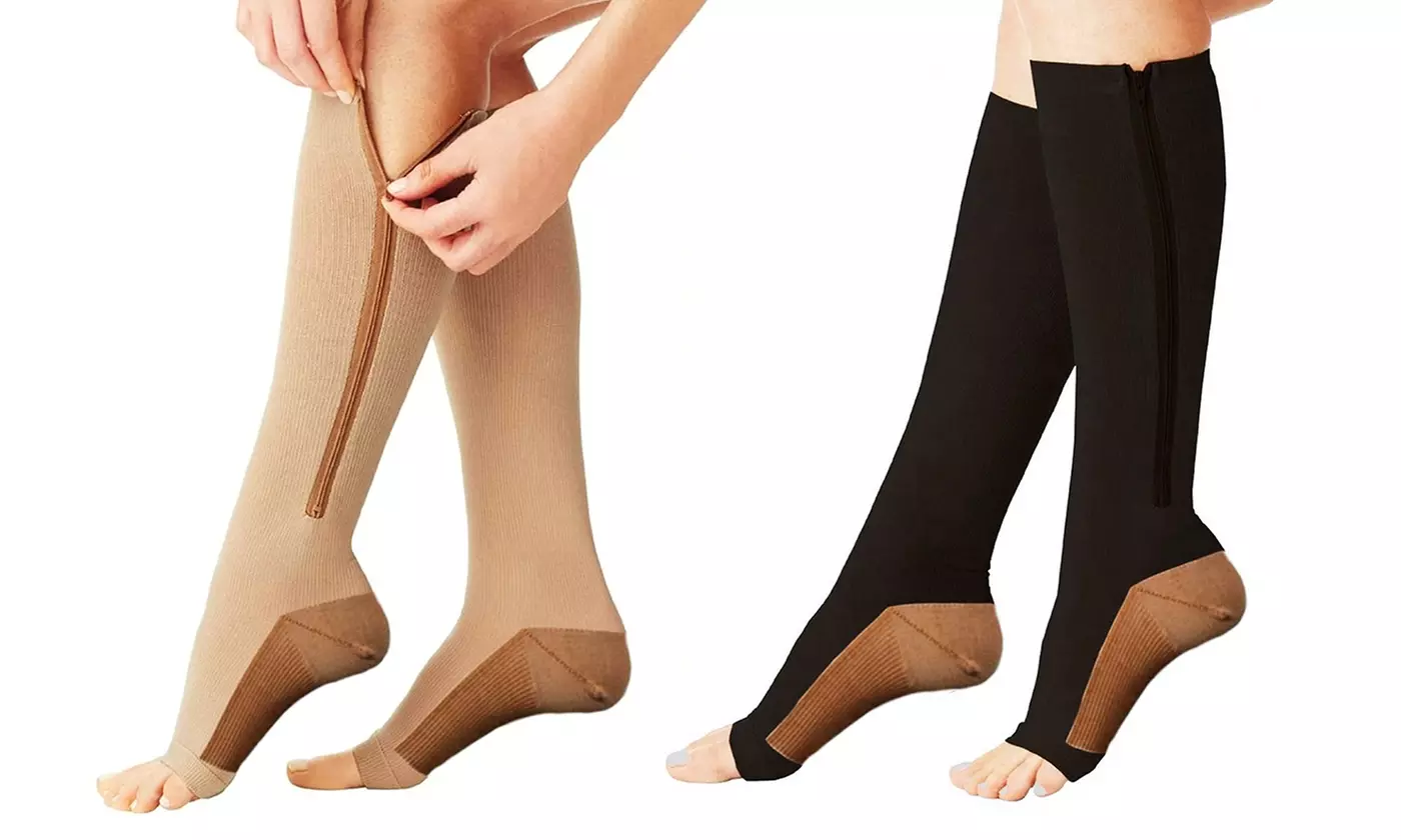 Copper-Infused Open-Toe Zip-Up Compression Socks - Primary Image