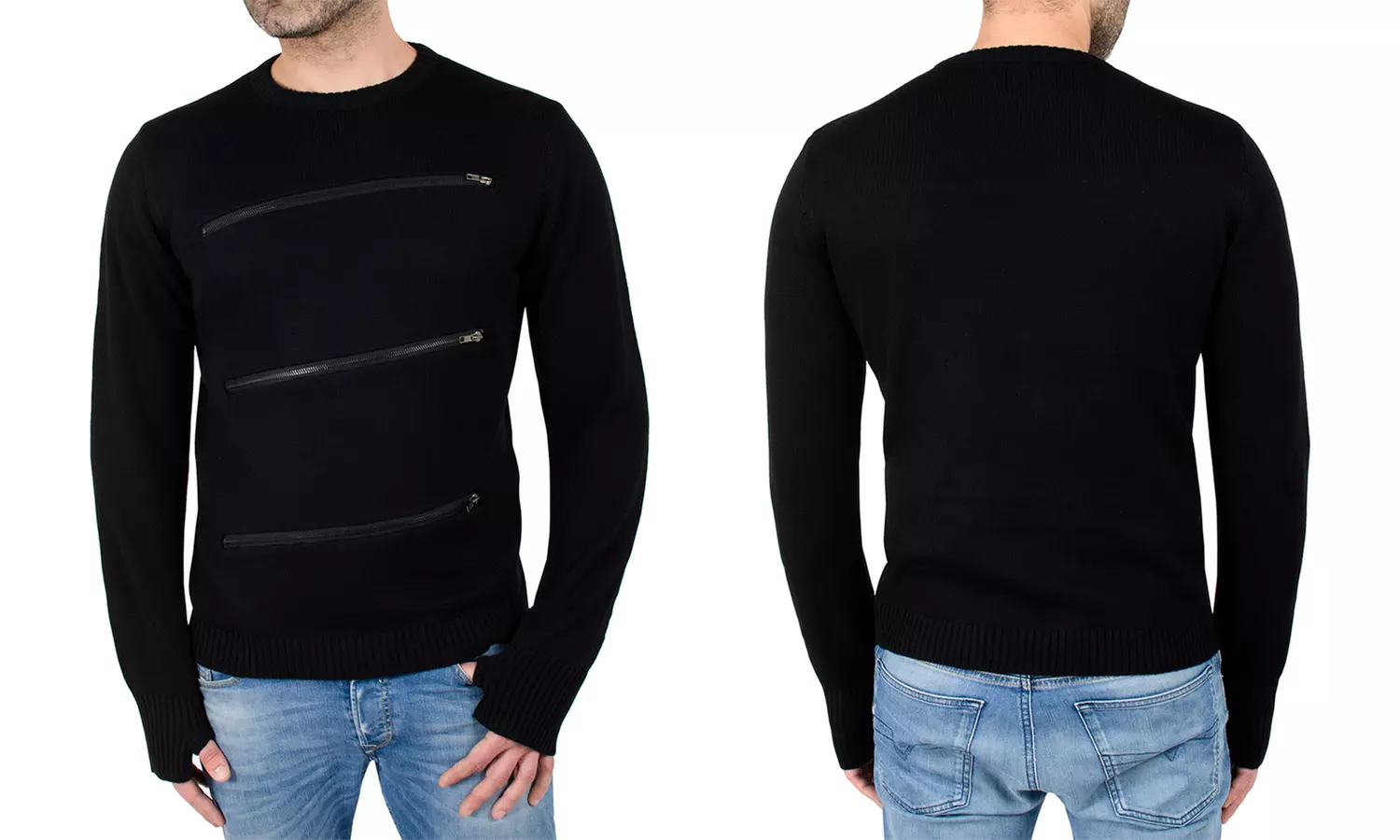 Men's Crew Neck Sweater Pullover with Zipper Detail - Primary Image
