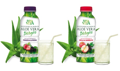 2 o 4 confezioni di succhi di Aloe Vera Biologico SanaVita da 500 ml, disponibili in 3 gusti