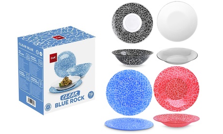 Servizio Clear da 19 piatti in vetro temperato opalino, disponibile in 3 colori