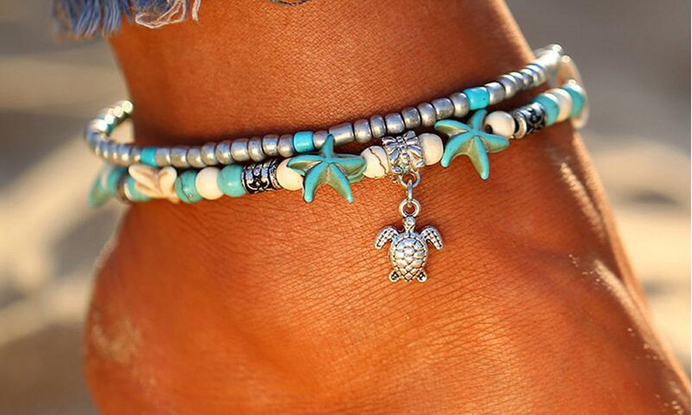 1x oder 2x zweireihiges Fußkettchen mit Seestern oder Schildkröte