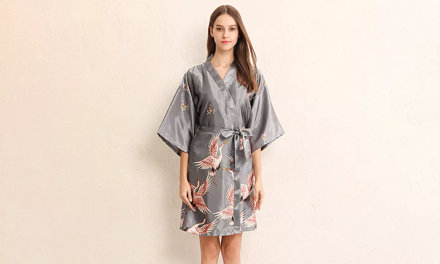 Kimono satin à imprimé oiseaux, pour femme - Second Medium