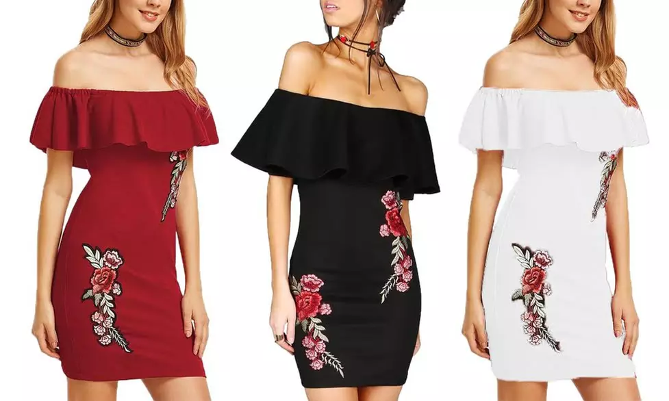 Leo Rosi Gabriella Off Shoulder Scuba Dress with Flower Embroidery - Primary Image