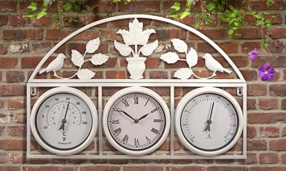 Garten-Wanduhr und Wetterstation aus Stahl in Schiefergrau oder Creme - Primary Image