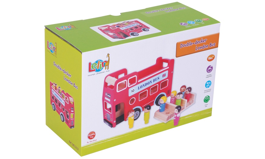 Image 2: Wooden Double Decker London Bus Toy with Figurines