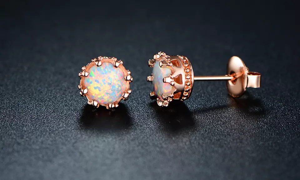 Fire Opal Crown Stud Earrings in 18K Rose Gold Plating - Primary Image