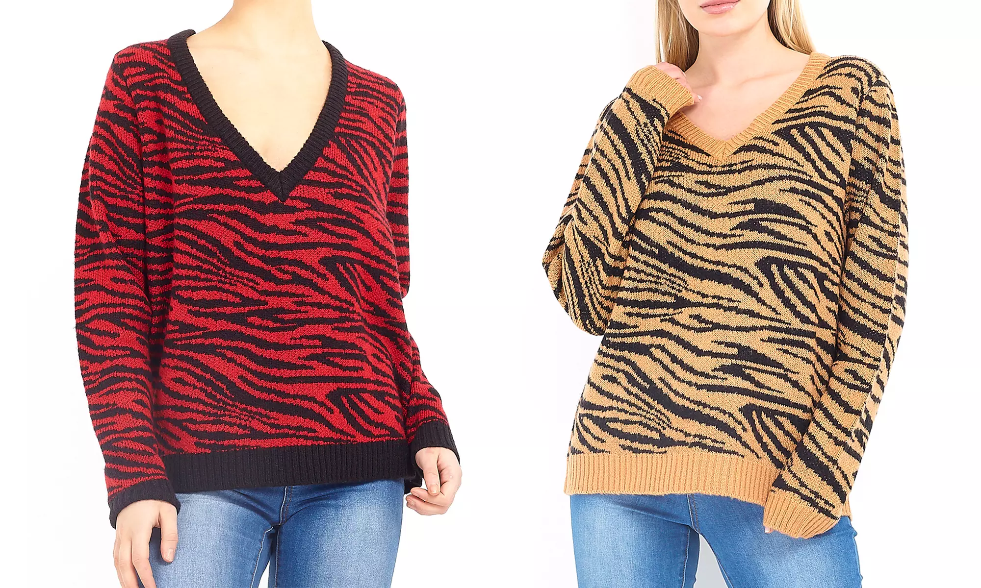 Pull Zèbre, à col en V, pour femmes - Primary Image