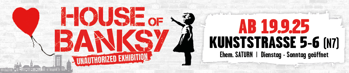Werbebanner zur Banksy-Ausstellung in Mannheim
