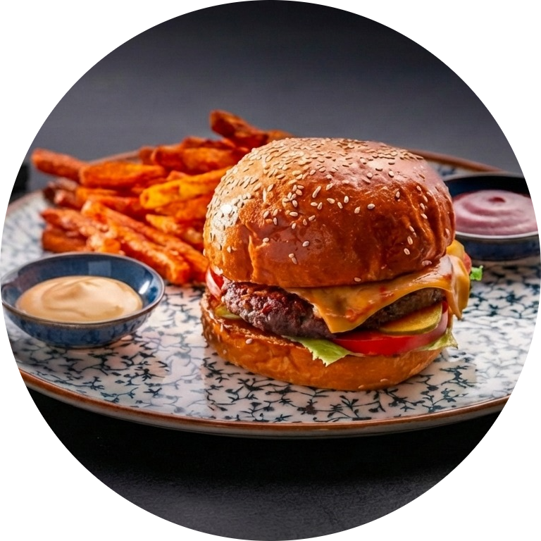 Interior of a modern lounge cafe with cozy seating and a spread of Arabic, Russian, and Uzbek food.