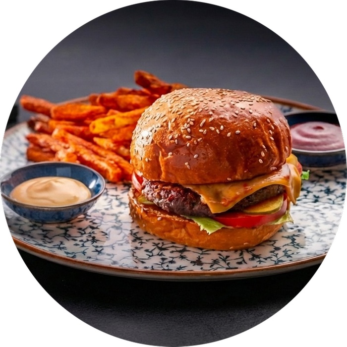 Interior of a modern lounge cafe with cozy seating and a spread of Russian, Uzbek, & Arabic food.