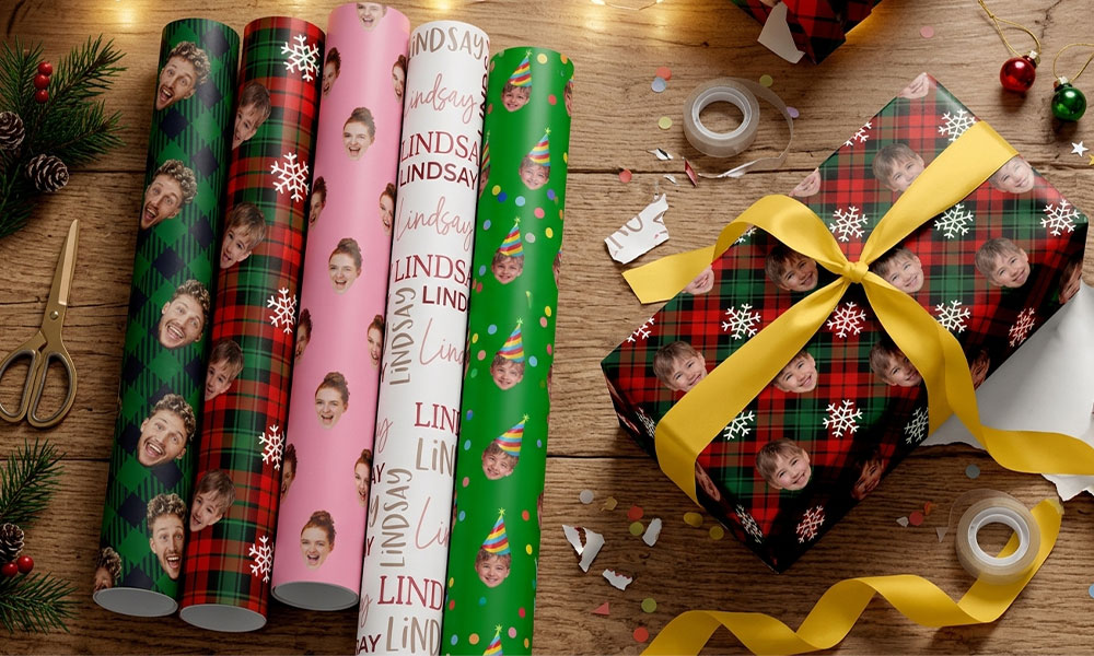 Custom gift wrapping paper with personalized photos and festive designs