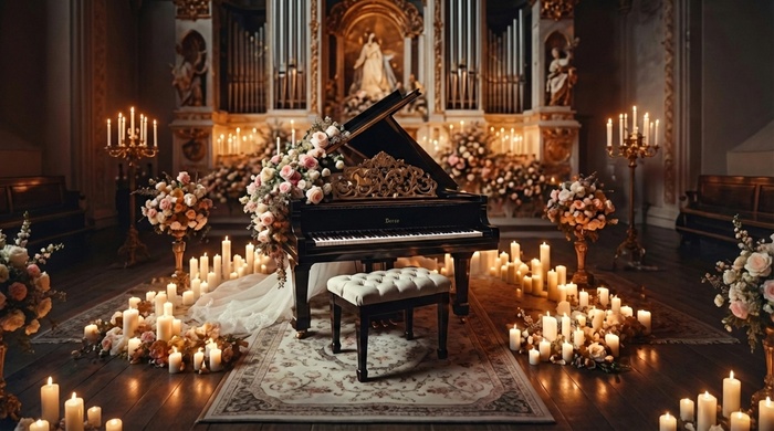 A beautifully lit stage ready for a classical music performance, capturing the romantic and immersive ambiance of Moonlight Concerts.