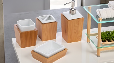 Homiu Homiu 4-Piece Bamboo and Ceramic Bathroom Set, White